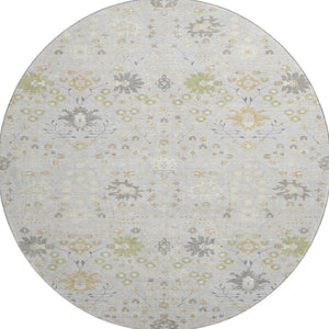 HomeRoots 8' Elegant Silver Gold and Gray Oriental Washable Round Rug with UV Protection for High-Traffic Areas 679231