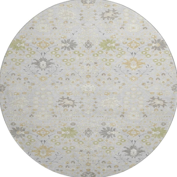 HomeRoots 8' Elegant Silver Gold and Gray Oriental Washable Round Rug with UV Protection for High-Traffic Areas 679231