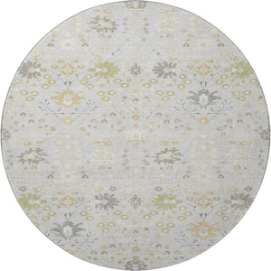 HomeRoots 8' Elegant Silver Gold and Gray Oriental Washable Round Rug with UV Protection for High-Traffic Areas 679231