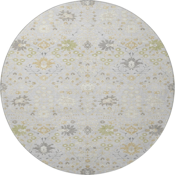 HomeRoots 8' Elegant Silver Gold and Gray Oriental Washable Round Rug with UV Protection for High-Traffic Areas 679231