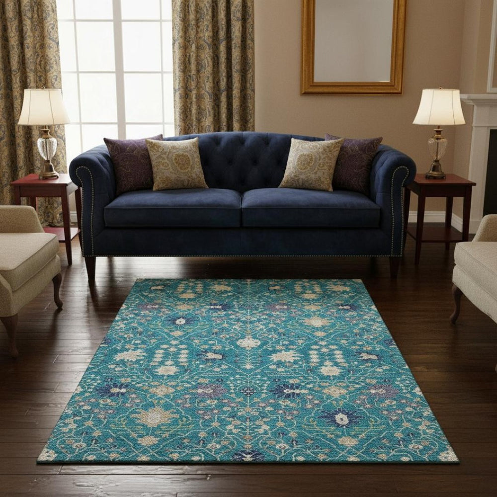 HomeRoots 5' X 8' Teal Purple Ivory Washable Area Rug - UV Protected, Stain Resistant, Perfect for Homes! 679236