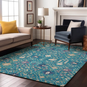 HomeRoots 5' X 8' Teal Purple Ivory Washable Area Rug - UV Protected, Stain Resistant, Perfect for Homes! 679236