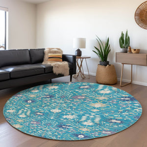 HomeRoots 8' Teal Purple Ivory Round Rug - Washable, UV Resistant, Stain-Repellent for High-Traffic Areas 679237