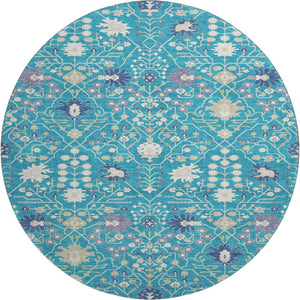HomeRoots 8' Teal Purple Ivory Round Rug - Washable, UV Resistant, Stain-Repellent for High-Traffic Areas 679237