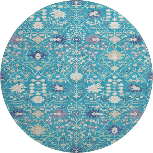 HomeRoots 8' Teal Purple Ivory Round Rug - Washable, UV Resistant, Stain-Repellent for High-Traffic Areas 679237
