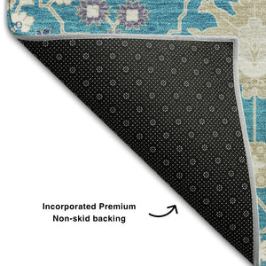 HomeRoots 8' Teal Purple Ivory Round Rug - Washable, UV Resistant, Stain-Repellent for High-Traffic Areas 679237