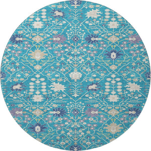 HomeRoots 8' Teal Purple Ivory Round Rug - Washable, UV Resistant, Stain-Repellent for High-Traffic Areas 679237