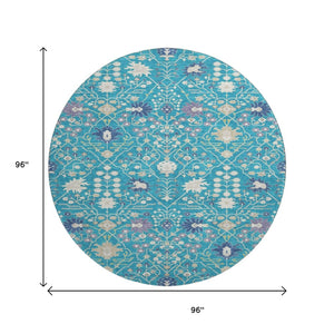 HomeRoots 8' Teal Purple Ivory Round Rug - Washable, UV Resistant, Stain-Repellent for High-Traffic Areas 679237