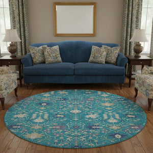 HomeRoots 8' Teal Purple Ivory Round Rug - Washable, UV Resistant, Stain-Repellent for High-Traffic Areas 679237