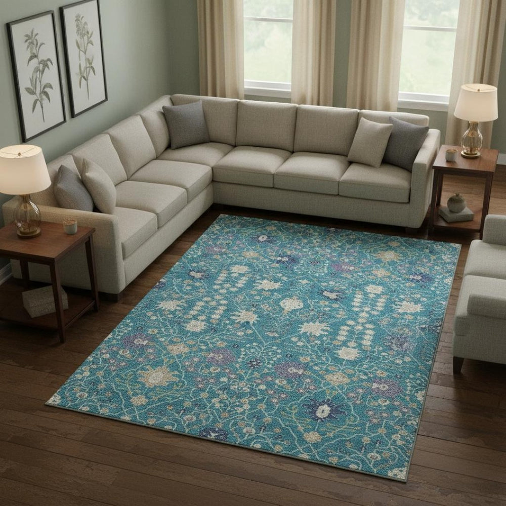 HomeRoots 8' X 10' Teal Purple Ivory Oriental Area Rug - Washable, Stain-Resistant, UV Protected for Homes 679238