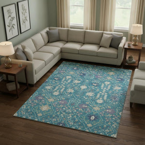 HomeRoots 8' X 10' Teal Purple Ivory Oriental Area Rug - Washable, Stain-Resistant, UV Protected for Homes 679238