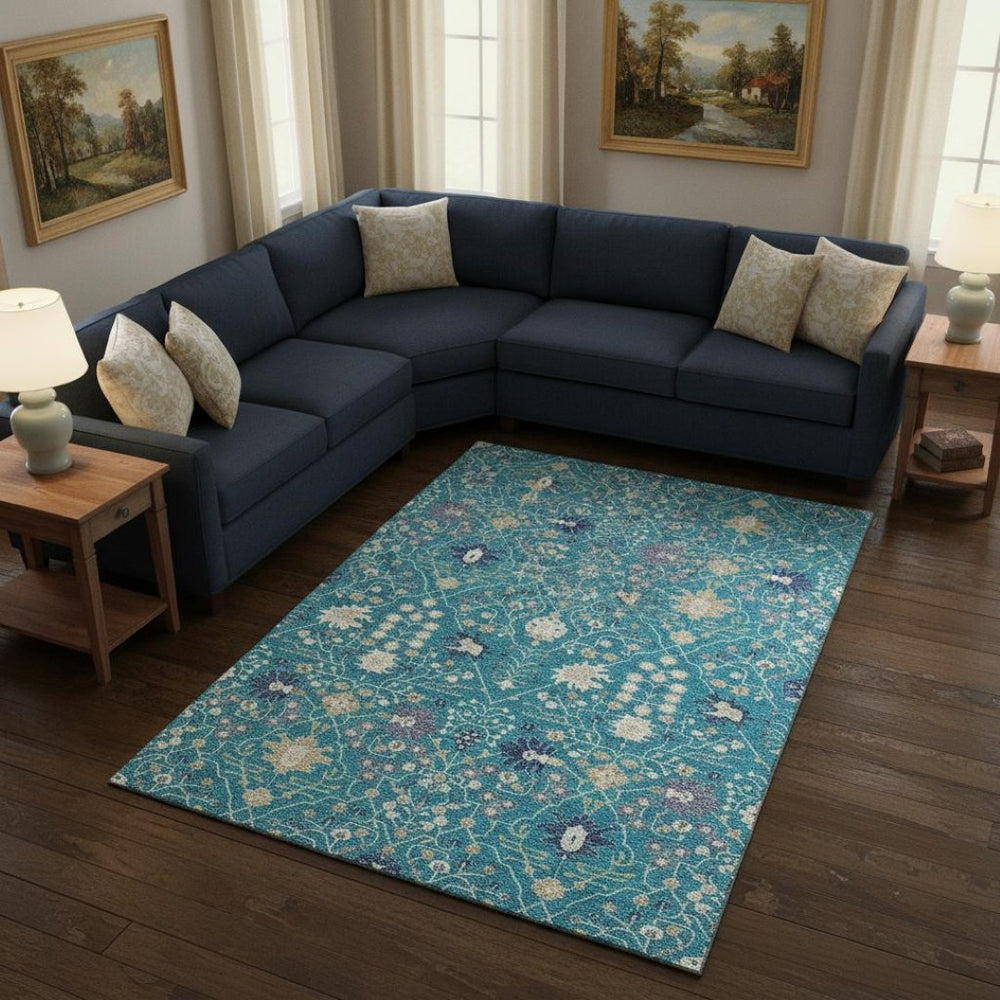 HomeRoots 9' X 12' Teal Purple Ivory Oriental Area Rug - Washable, UV Protected, Stain Resistant, Stylish Décor 679239