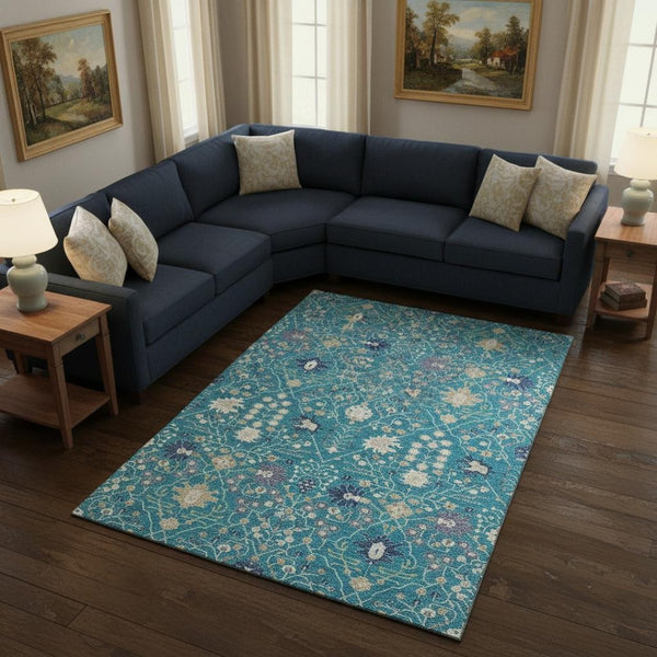HomeRoots 9' X 12' Teal Purple Ivory Oriental Area Rug - Washable, UV Protected, Stain Resistant, Stylish Décor 679239