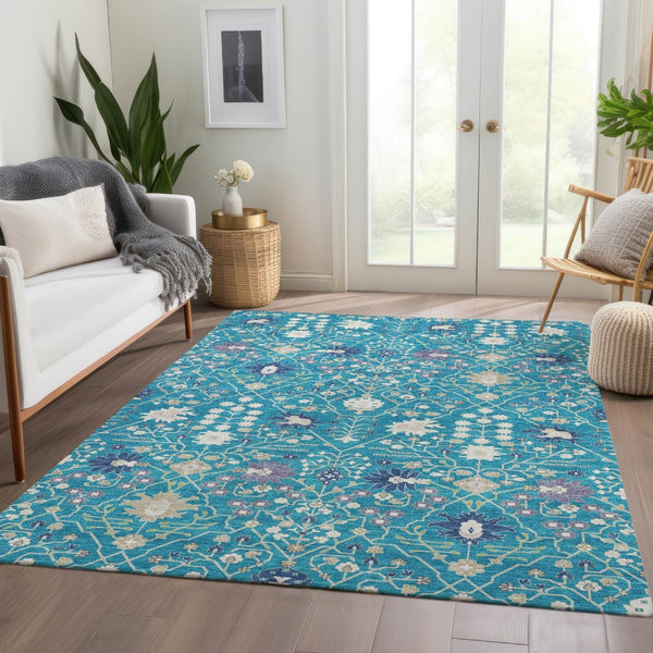 HomeRoots 9' X 12' Teal Purple Ivory Oriental Area Rug - Washable, UV Protected, Stain Resistant, Stylish Décor 679239