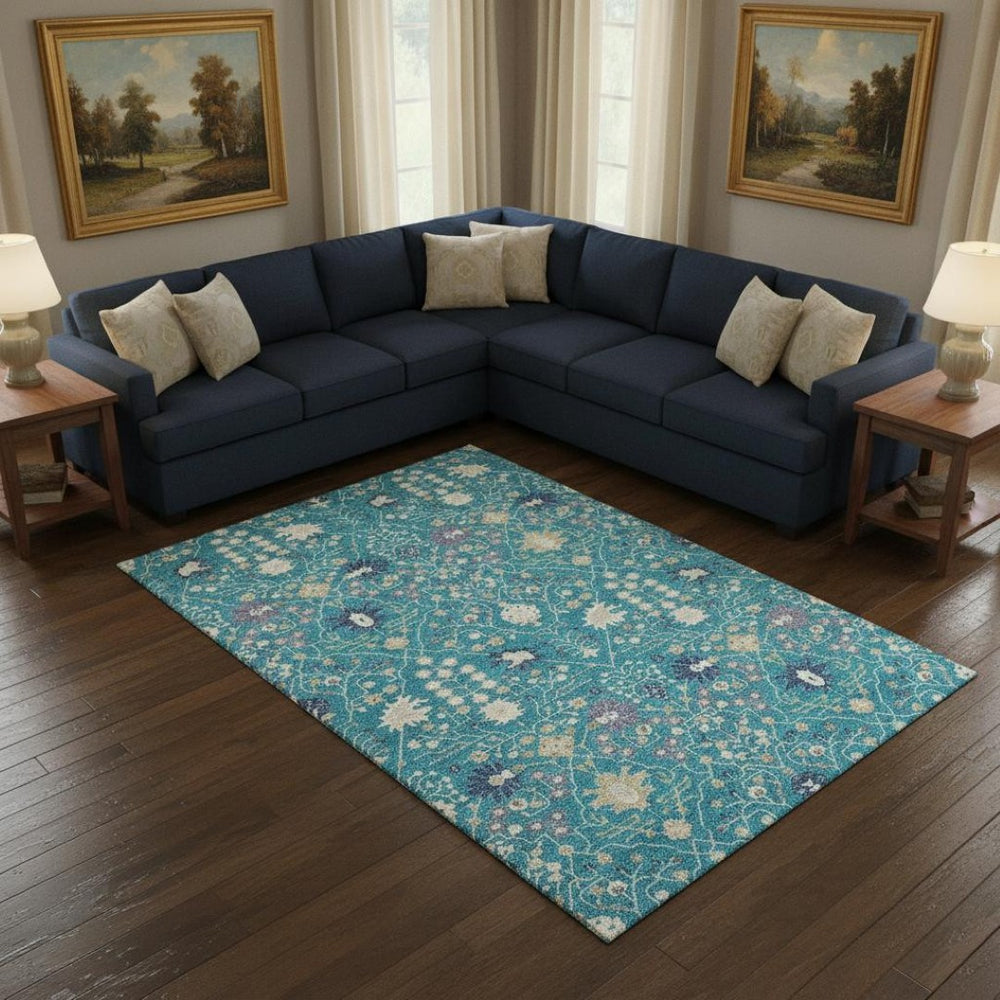 HomeRoots 10' Teal, Purple & Ivory Oriental Area Rug - Washable, UV Protected, Durable for Busy Homes & Kids 679240