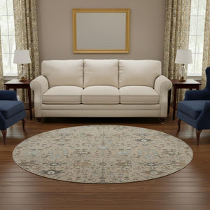 HomeRoots 8' Taupe Gray & Brown Oriental Washable Round Rug - Stylish, Durable, UV-Protected for Every Home 679243