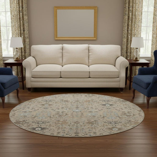 HomeRoots 8' Taupe Gray & Brown Oriental Washable Round Rug - Stylish, Durable, UV-Protected for Every Home 679243