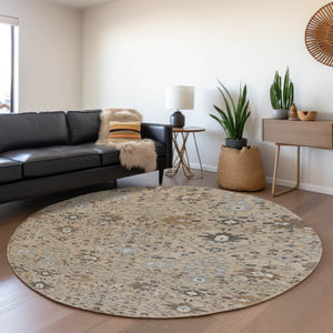 HomeRoots 8' Taupe Gray & Brown Oriental Washable Round Rug - Stylish, Durable, UV-Protected for Every Home 679243