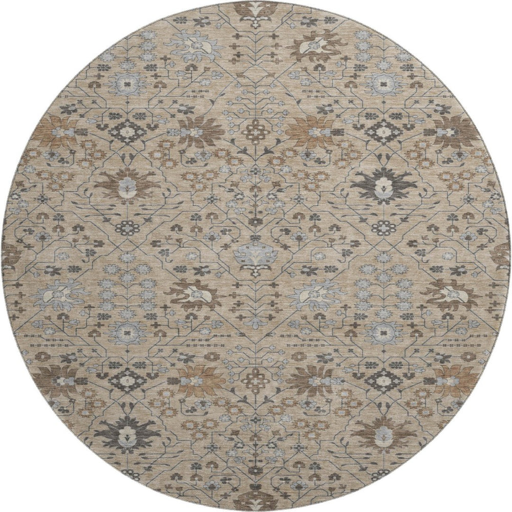 HomeRoots 8' Taupe Gray & Brown Oriental Washable Round Rug - Stylish, Durable, UV-Protected for Every Home 679243