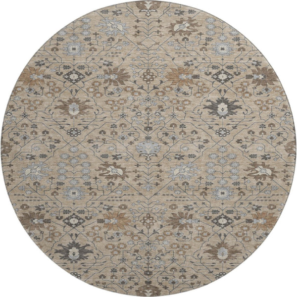 HomeRoots 8' Taupe Gray & Brown Oriental Washable Round Rug - Stylish, Durable, UV-Protected for Every Home 679243