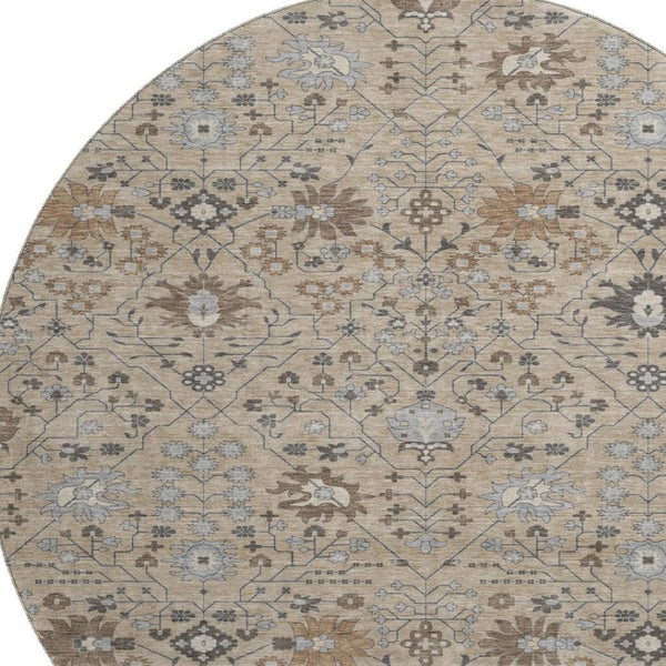 HomeRoots 8' Taupe Gray & Brown Oriental Washable Round Rug - Stylish, Durable, UV-Protected for Every Home 679243