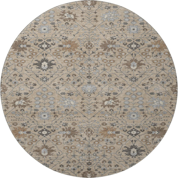 HomeRoots 8' Taupe Gray & Brown Oriental Washable Round Rug - Stylish, Durable, UV-Protected for Every Home 679243