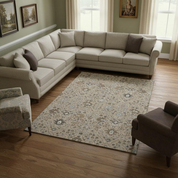 HomeRoots 8' X 10' Taupe Gray & Brown Oriental Washable Area Rug - Durable, Stain Resistant, UV Protected Design 679244