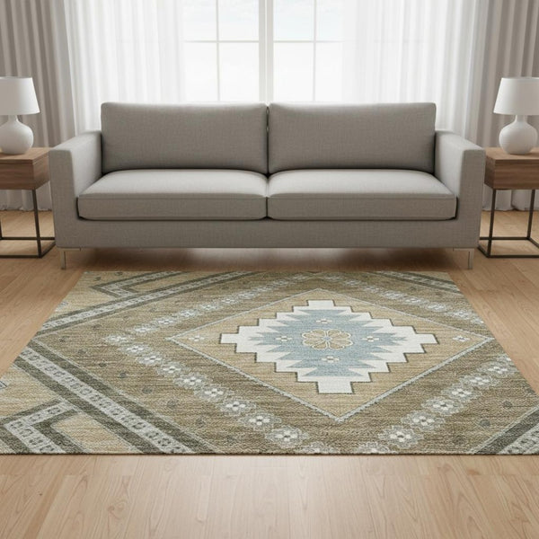 HomeRoots 5' X 8' Beige Ivory & Gray Tribal Area Rug - Washable, UV Protected, Stylish for High-Traffic Areas 679248