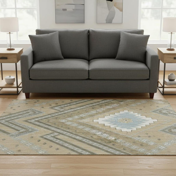 HomeRoots 8' Beige Ivory and Gray Tribal Round Rug - Washable, UV Protected, Durable for Homes with Kids & Pets 679249
