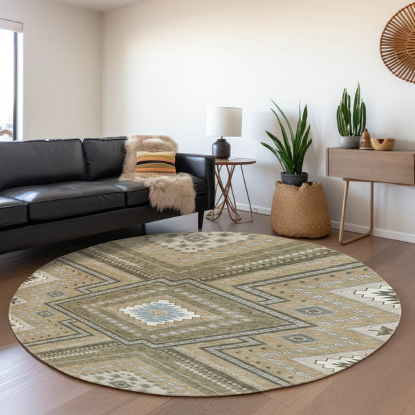 HomeRoots 8' Beige Ivory and Gray Tribal Round Rug - Washable, UV Protected, Durable for Homes with Kids & Pets 679249