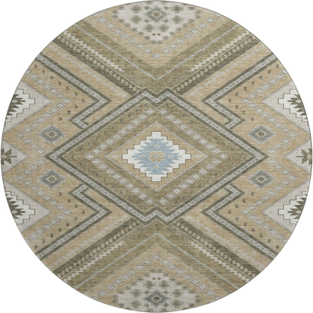 HomeRoots 8' Beige Ivory and Gray Tribal Round Rug - Washable, UV Protected, Durable for Homes with Kids & Pets 679249
