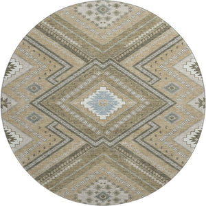 HomeRoots 8' Beige Ivory and Gray Tribal Round Rug - Washable, UV Protected, Durable for Homes with Kids & Pets 679249