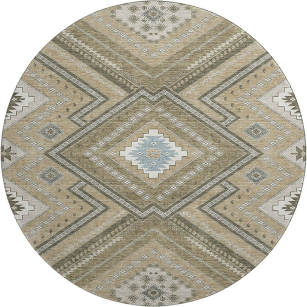 HomeRoots 8' Beige Ivory and Gray Tribal Round Rug - Washable, UV Protected, Durable for Homes with Kids & Pets 679249