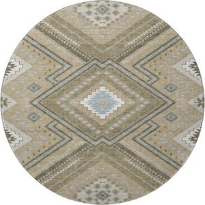 HomeRoots 8' Beige Ivory and Gray Tribal Round Rug - Washable, UV Protected, Durable for Homes with Kids & Pets 679249