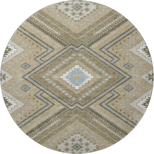 HomeRoots 8' Beige Ivory and Gray Tribal Round Rug - Washable, UV Protected, Durable for Homes with Kids & Pets 679249