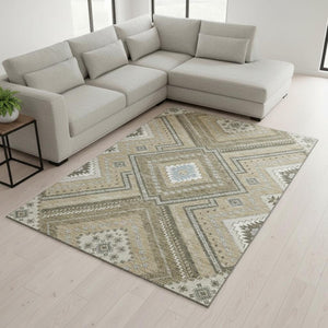 HomeRoots 8' X 10' Beige Ivory Gray Tribal Area Rug – Washable, UV Protected, Perfect for Modern & Boho Homes 679250
