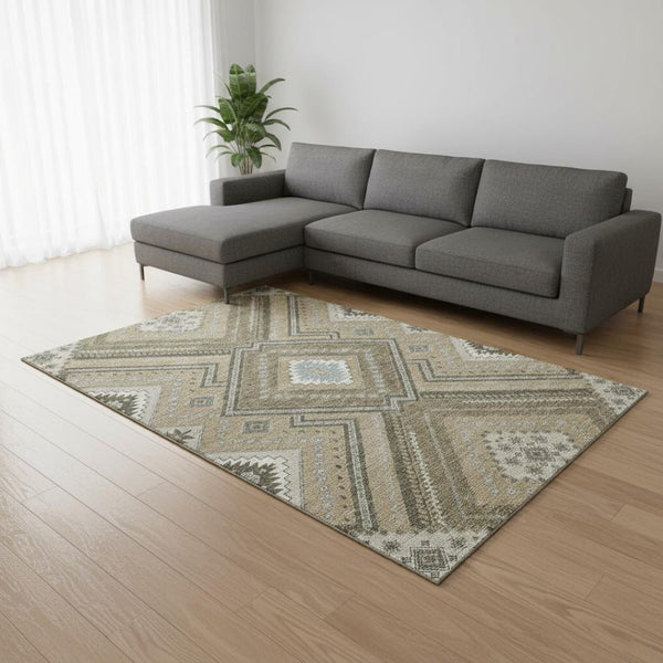 HomeRoots 9' X 12' Washable Beige Ivory Gray Tribal Area Rug with UV Protection - Durable & Stylish Decor 679251