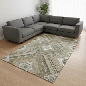 HomeRoots 10' X 14' Beige Ivory Gray Tribal Washable Area Rug – UV Protected, Durable, Stain-Resistant Design 679252