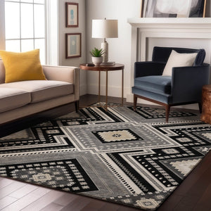 HomeRoots 5' X 8' Tribal Washable Area Rug in Black, Gray & Silver – UV Protection, Stain-Resistant, Durable Design 679254