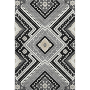 HomeRoots 5' X 8' Tribal Washable Area Rug in Black, Gray & Silver – UV Protection, Stain-Resistant, Durable Design 679254