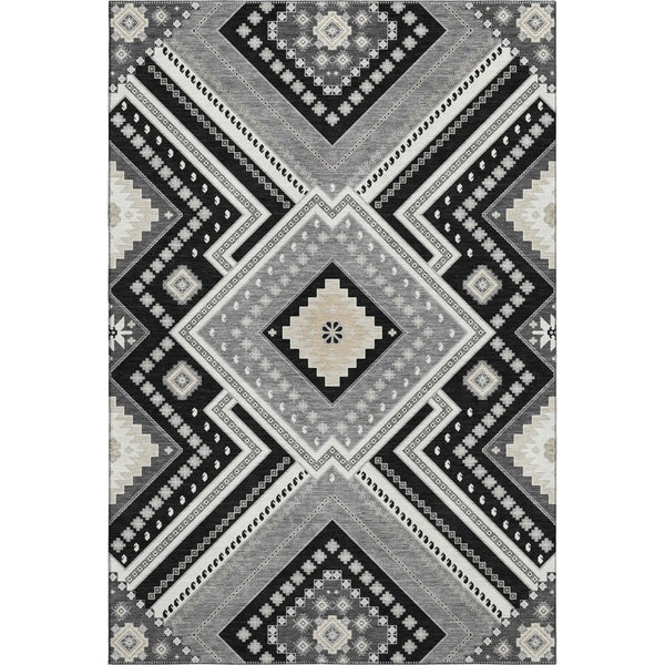 HomeRoots 5' X 8' Tribal Washable Area Rug in Black, Gray & Silver – UV Protection, Stain-Resistant, Durable Design 679254