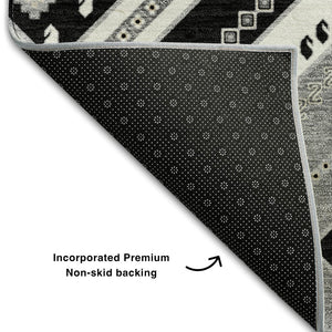 HomeRoots 5' X 8' Tribal Washable Area Rug in Black, Gray & Silver – UV Protection, Stain-Resistant, Durable Design 679254