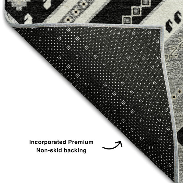 HomeRoots 5' X 8' Tribal Washable Area Rug in Black, Gray & Silver – UV Protection, Stain-Resistant, Durable Design 679254