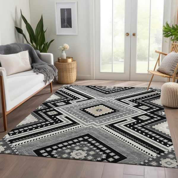 HomeRoots 5' X 8' Tribal Washable Area Rug in Black, Gray & Silver – UV Protection, Stain-Resistant, Durable Design 679254