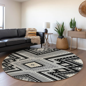 HomeRoots 8' Stylish Black Gray Silver Tribal Washable Round Rug with UV Protection for Modern Homes 679255