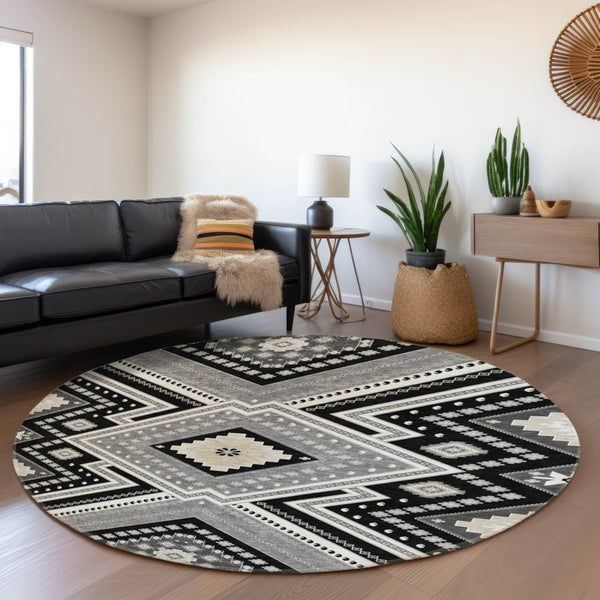 HomeRoots 8' Stylish Black Gray Silver Tribal Washable Round Rug with UV Protection for Modern Homes 679255
