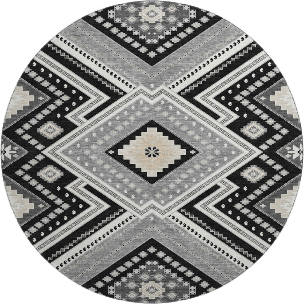 HomeRoots 8' Stylish Black Gray Silver Tribal Washable Round Rug with UV Protection for Modern Homes 679255