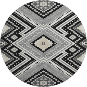 HomeRoots 8' Stylish Black Gray Silver Tribal Washable Round Rug with UV Protection for Modern Homes 679255
