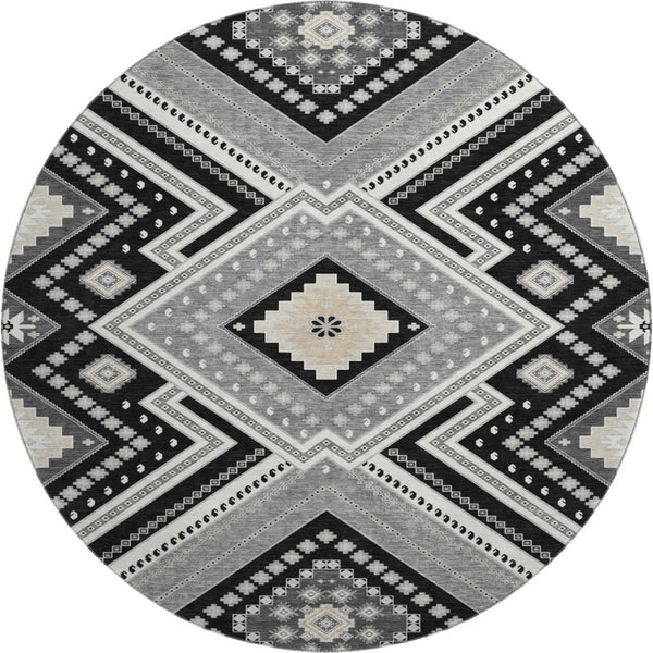 HomeRoots 8' Stylish Black Gray Silver Tribal Washable Round Rug with UV Protection for Modern Homes 679255