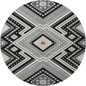 HomeRoots 8' Stylish Black Gray Silver Tribal Washable Round Rug with UV Protection for Modern Homes 679255